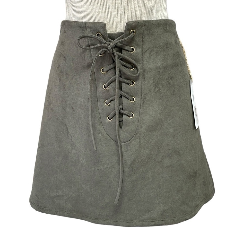 Leith Skirt Women's M Medium Olive Sarma Green Faux Suede Mini Lace Up NWT